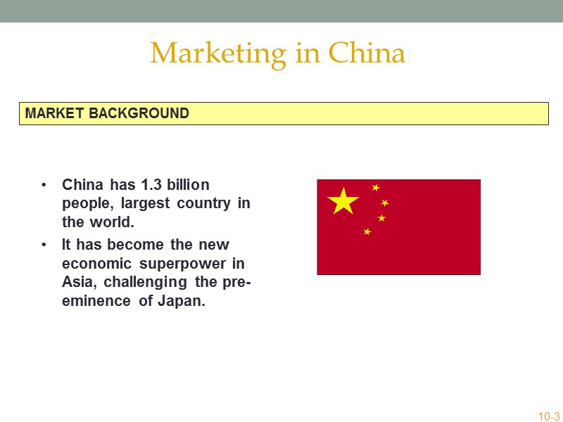 MARKET BACKGROUND China has 1.3 billion people, largest country in the world. It has